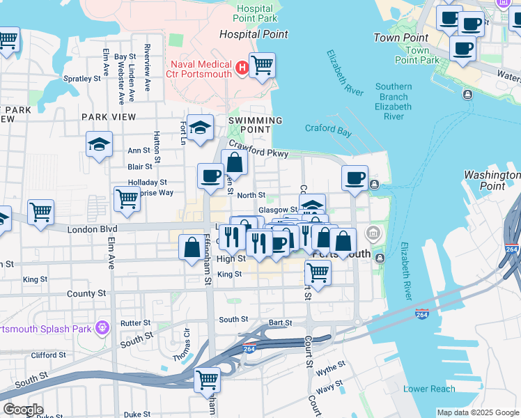 map of restaurants, bars, coffee shops, grocery stores, and more near 371 Washington Street in Portsmouth
