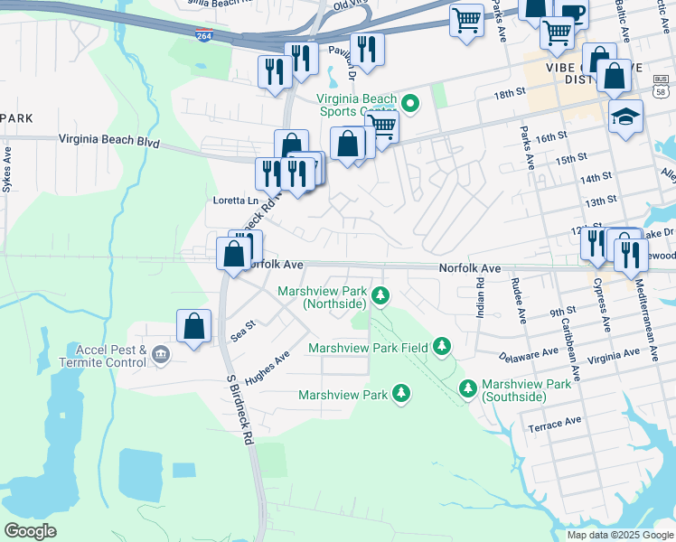 map of restaurants, bars, coffee shops, grocery stores, and more near 1058 Ocean Pebbles Way in Virginia Beach