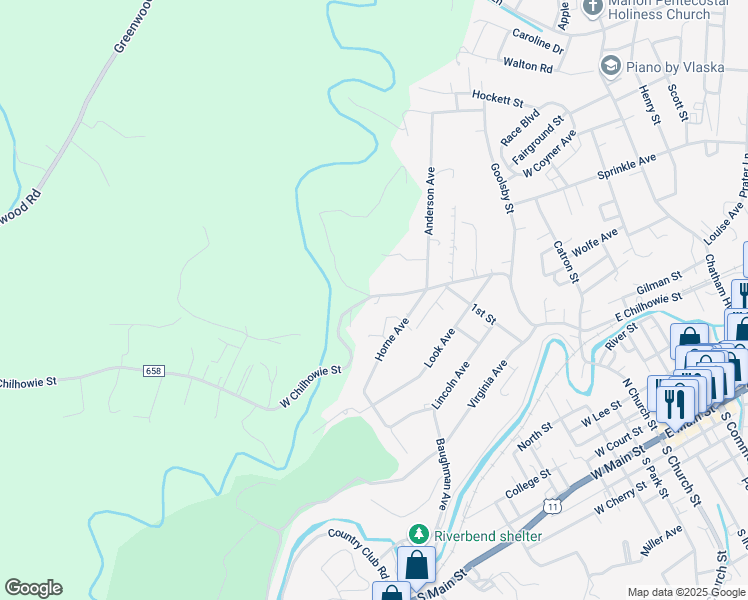map of restaurants, bars, coffee shops, grocery stores, and more near 360 West Chilhowie Street in Marion