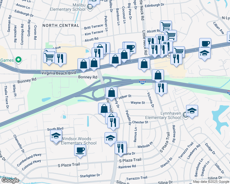 map of restaurants, bars, coffee shops, grocery stores, and more near 136 Waverly Drive in Virginia Beach