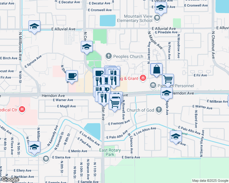 map of restaurants, bars, coffee shops, grocery stores, and more near Frontage Rd in Fresno