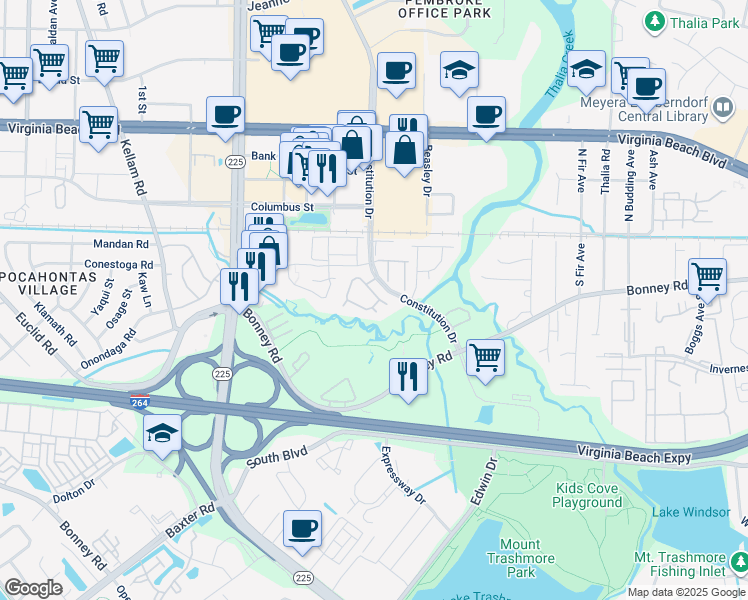 map of restaurants, bars, coffee shops, grocery stores, and more near 4669 Genoa Circle in Virginia Beach