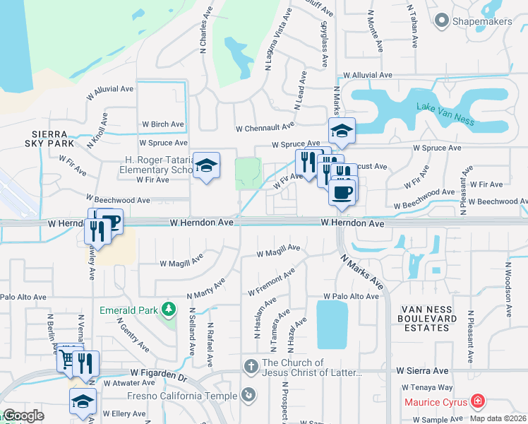 map of restaurants, bars, coffee shops, grocery stores, and more near 6773 North Tamera Avenue in Fresno