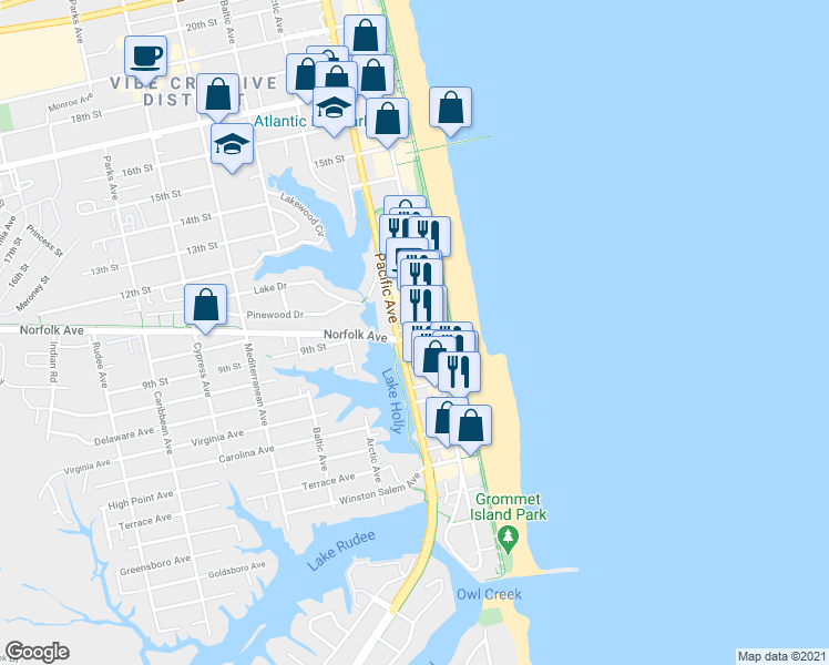 map of restaurants, bars, coffee shops, grocery stores, and more near 303 Norfolk Avenue in Virginia Beach