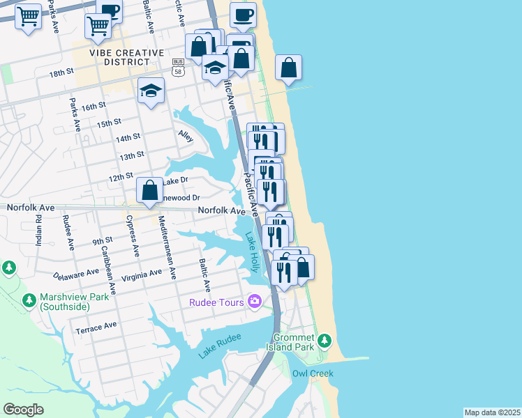 map of restaurants, bars, coffee shops, grocery stores, and more near 303 Norfolk Avenue in Virginia Beach