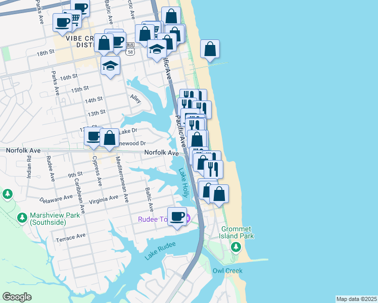 map of restaurants, bars, coffee shops, grocery stores, and more near 303 Norfolk Avenue in Virginia Beach