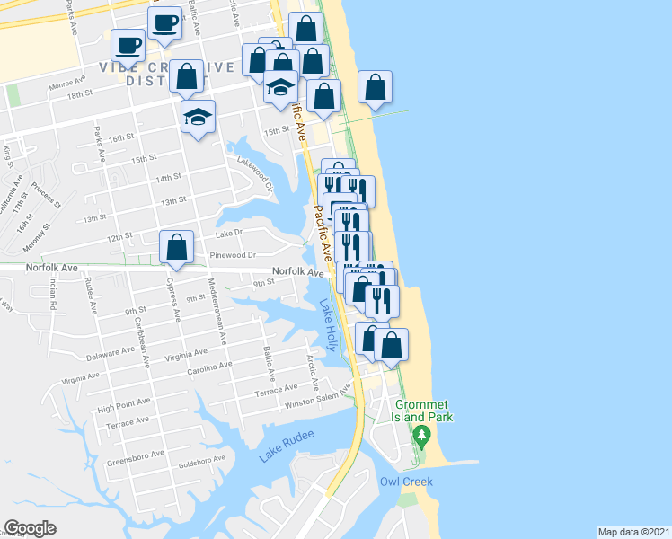 map of restaurants, bars, coffee shops, grocery stores, and more near 303 Norfolk Avenue in Virginia Beach