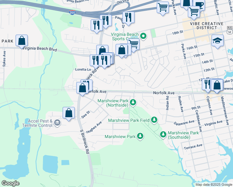 map of restaurants, bars, coffee shops, grocery stores, and more near 119 Saw Grass Bend in Virginia Beach