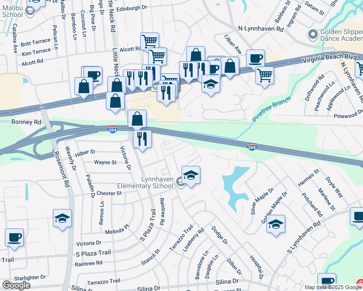 map of restaurants, bars, coffee shops, grocery stores, and more near 3308 Daytona Drive in Virginia Beach