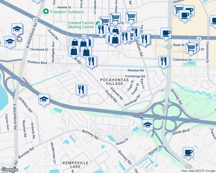 map of restaurants, bars, coffee shops, grocery stores, and more near 4904 Euclid Road in Virginia Beach