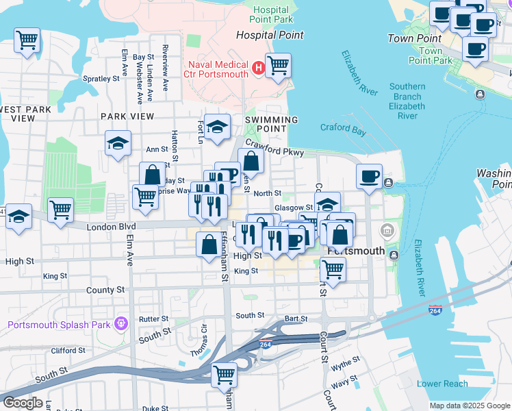 map of restaurants, bars, coffee shops, grocery stores, and more near 620 London Street in Portsmouth