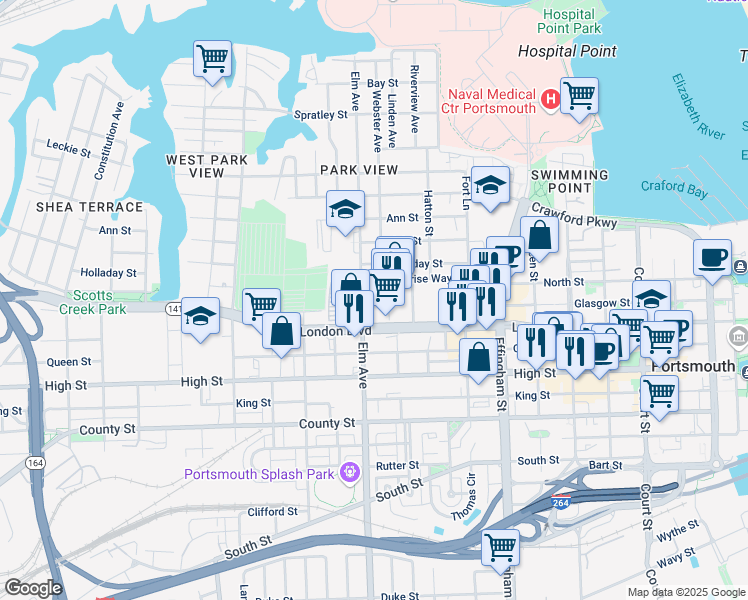 map of restaurants, bars, coffee shops, grocery stores, and more near 1140 London Boulevard in Portsmouth