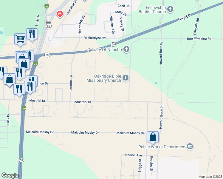 map of restaurants, bars, coffee shops, grocery stores, and more near 2821 Neosho Heights Avenue in Neosho