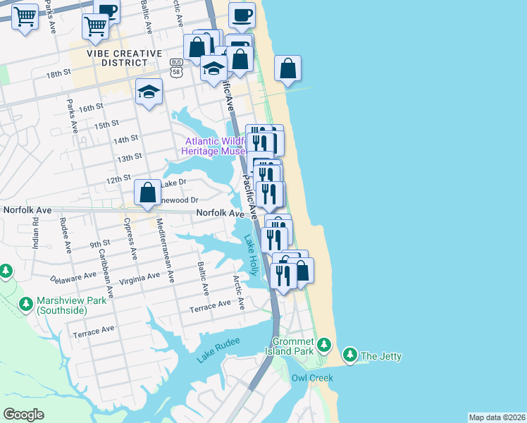 map of restaurants, bars, coffee shops, grocery stores, and more near 303 Norfolk Avenue in Virginia Beach
