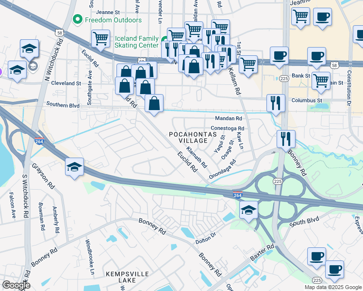 map of restaurants, bars, coffee shops, grocery stores, and more near 4904 Euclid Road in Virginia Beach