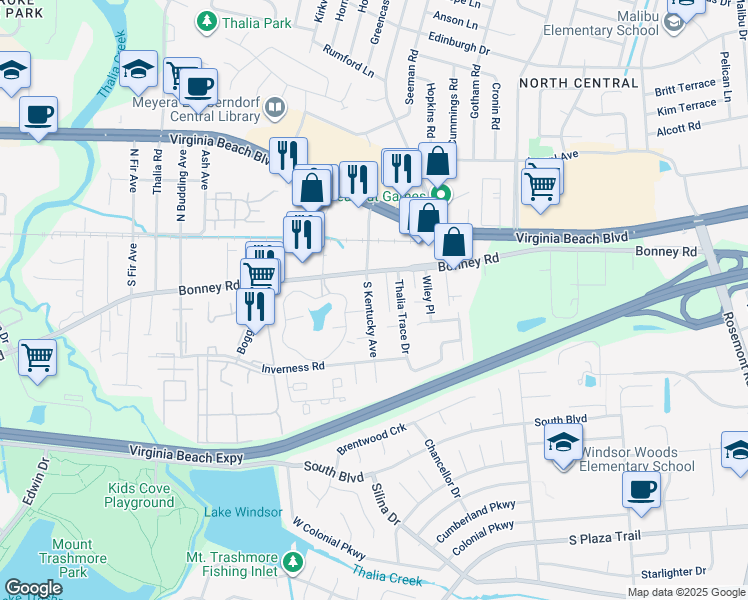 map of restaurants, bars, coffee shops, grocery stores, and more near 128 South Kentucky Avenue in Virginia Beach