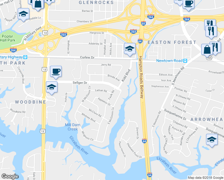 map of restaurants, bars, coffee shops, grocery stores, and more near 205 Faulk Road in Norfolk