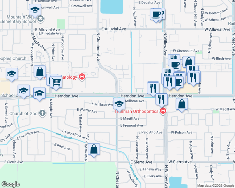 map of restaurants, bars, coffee shops, grocery stores, and more near North Chestnut Avenue & East Herndon Avenue in Fresno