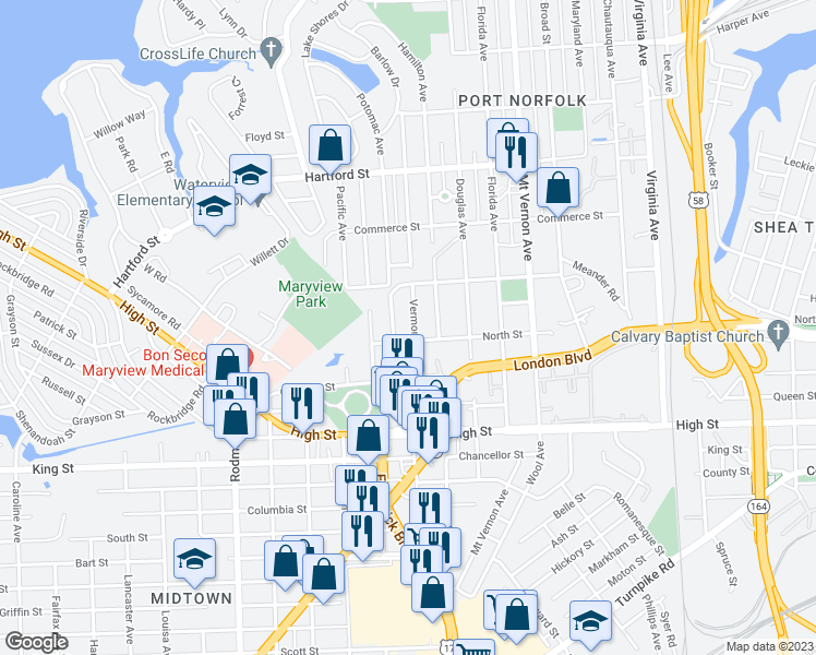 map of restaurants, bars, coffee shops, grocery stores, and more near 946 Vermont Avenue in Portsmouth