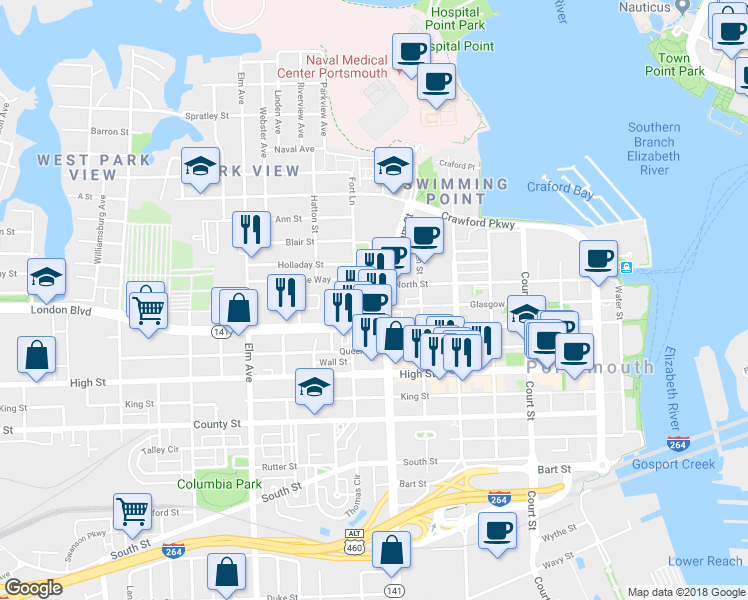 map of restaurants, bars, coffee shops, grocery stores, and more near 350 Effingham St in Portsmouth
