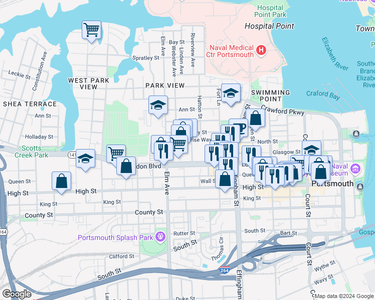 map of restaurants, bars, coffee shops, grocery stores, and more near 1116 London Boulevard in Portsmouth