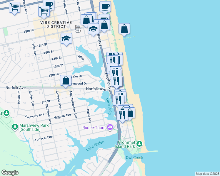map of restaurants, bars, coffee shops, grocery stores, and more near 927 Pacific Avenue in Virginia Beach