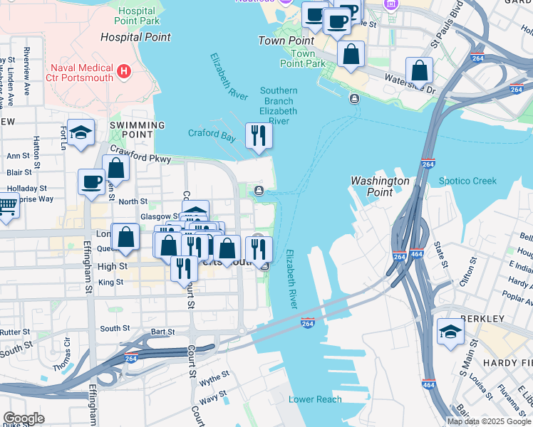 map of restaurants, bars, coffee shops, grocery stores, and more near 425 Water Street in Portsmouth