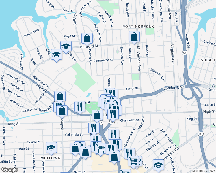 map of restaurants, bars, coffee shops, grocery stores, and more near 946 Vermont Avenue in Portsmouth