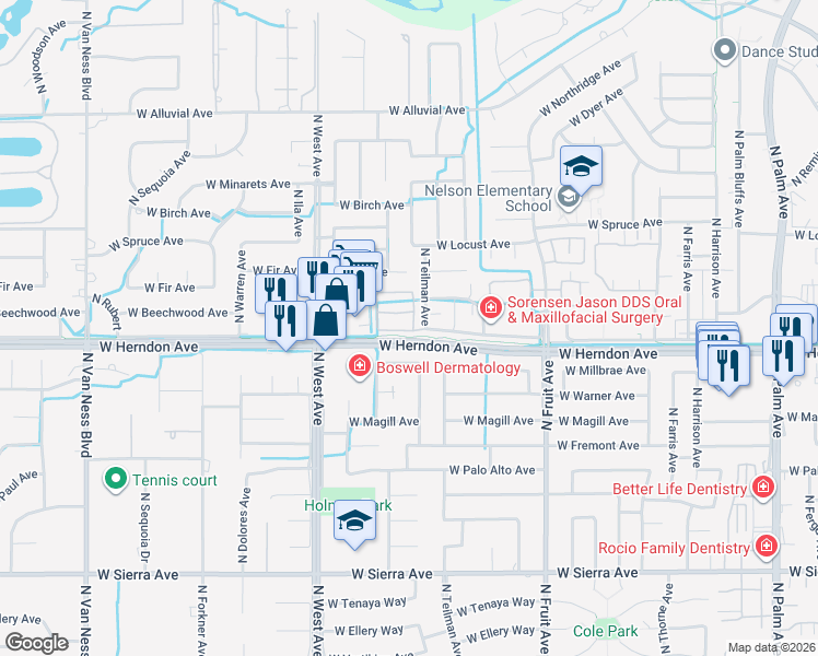 map of restaurants, bars, coffee shops, grocery stores, and more near 1646 West Millbrae Avenue in Fresno