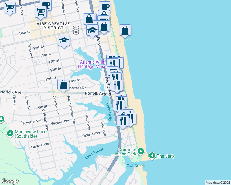 map of restaurants, bars, coffee shops, grocery stores, and more near 913 Pacific Avenue in Virginia Beach