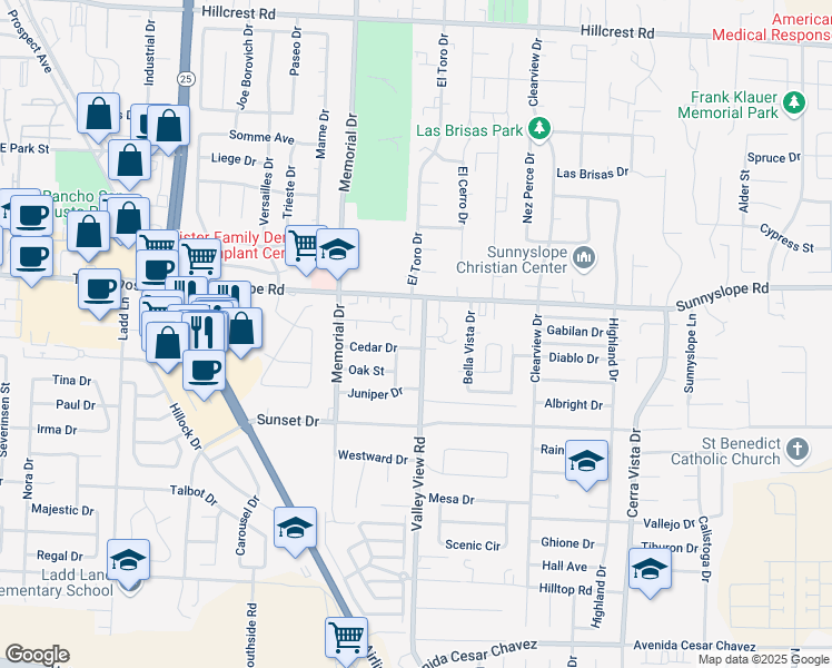 map of restaurants, bars, coffee shops, grocery stores, and more near 1570 Valley View Road in Hollister