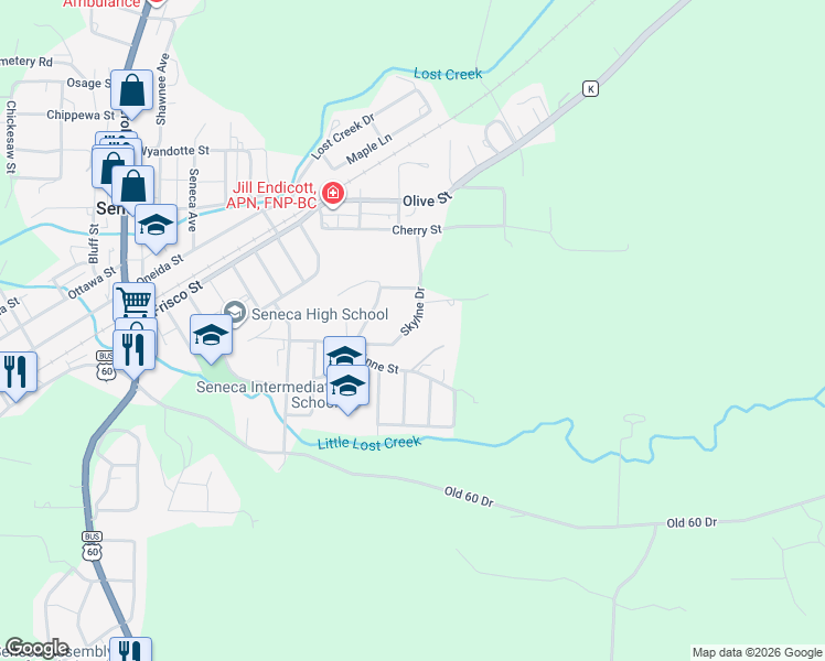 map of restaurants, bars, coffee shops, grocery stores, and more near 1607 Skyline Drive in Seneca