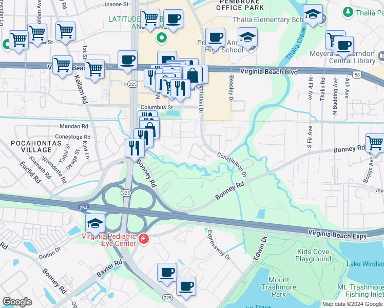 map of restaurants, bars, coffee shops, grocery stores, and more near 4505 Genoa Circle in Virginia Beach