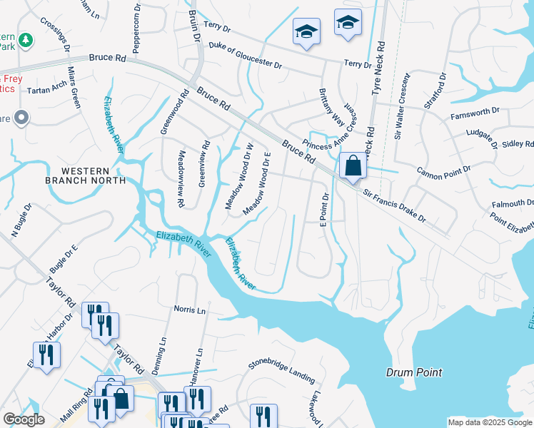 map of restaurants, bars, coffee shops, grocery stores, and more near 2706 West Meadow Drive in Chesapeake