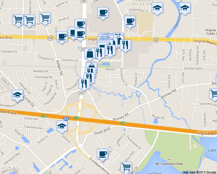 map of restaurants, bars, coffee shops, grocery stores, and more near 227 Ferdinand Circle in Virginia Beach