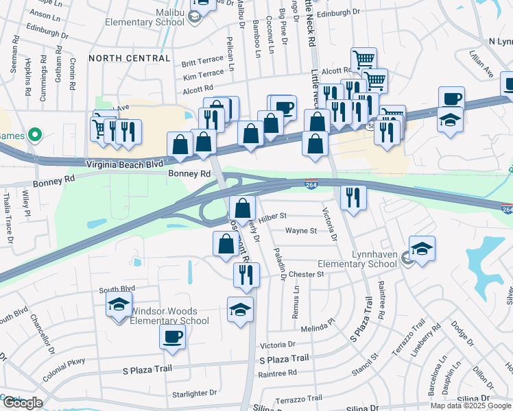 map of restaurants, bars, coffee shops, grocery stores, and more near 137 Paladin Drive in Virginia Beach