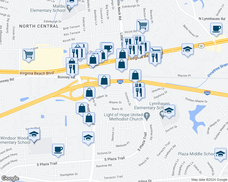 map of restaurants, bars, coffee shops, grocery stores, and more near 3521 Boyd Road in Virginia Beach