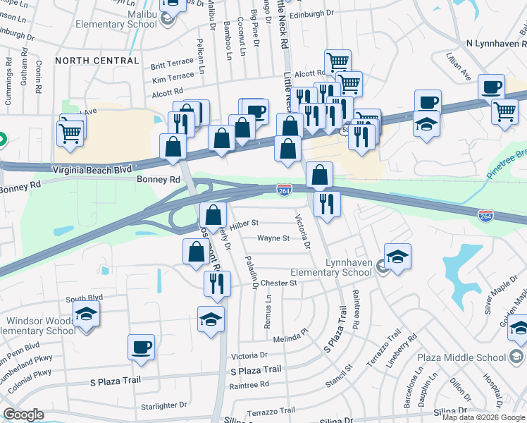 map of restaurants, bars, coffee shops, grocery stores, and more near 3536 Boyd Road in Virginia Beach