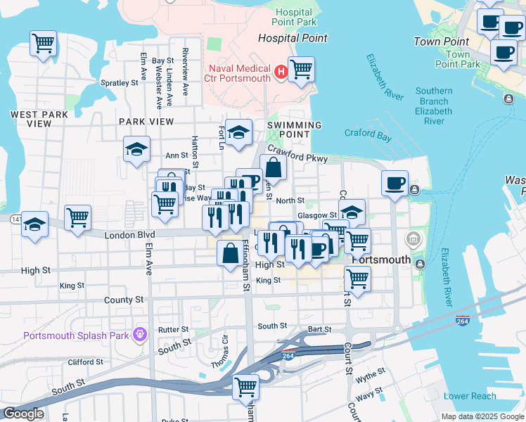 map of restaurants, bars, coffee shops, grocery stores, and more near 700 Firehouse Lane in Portsmouth