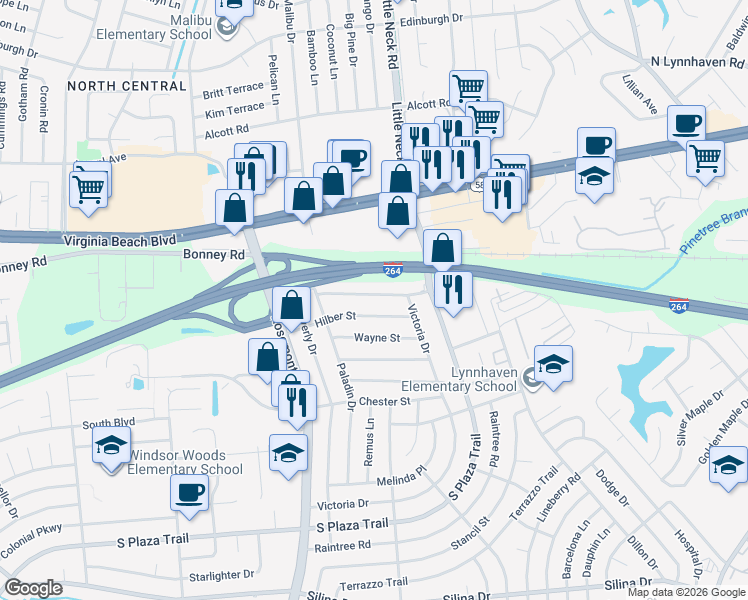 map of restaurants, bars, coffee shops, grocery stores, and more near 3521 Boyd Road in Virginia Beach