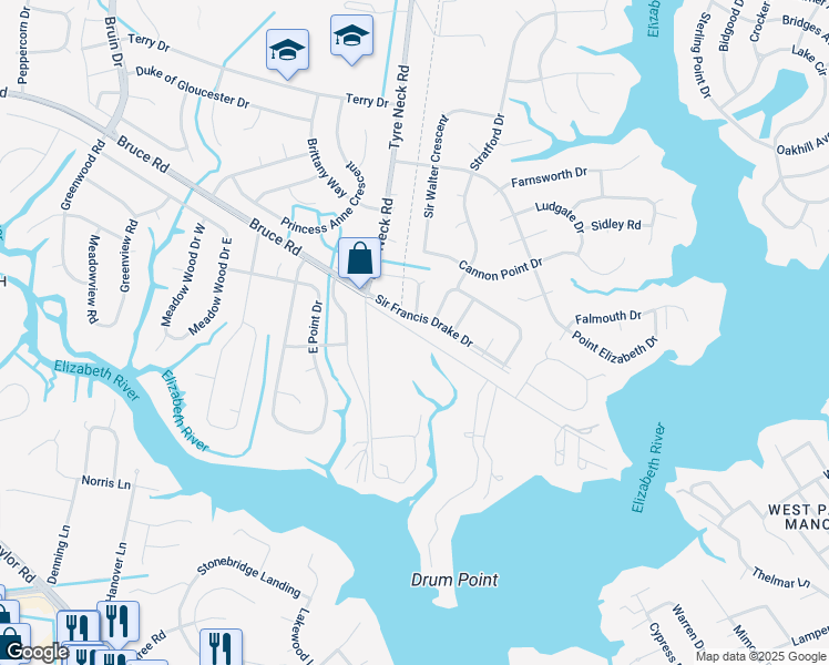 map of restaurants, bars, coffee shops, grocery stores, and more near 3887 Bruce Road in Chesapeake