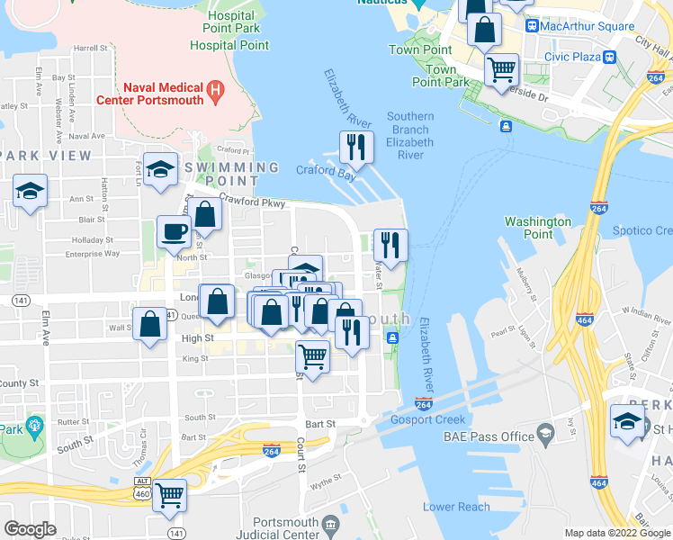 map of restaurants, bars, coffee shops, grocery stores, and more near 222 Glasgow Street in Portsmouth