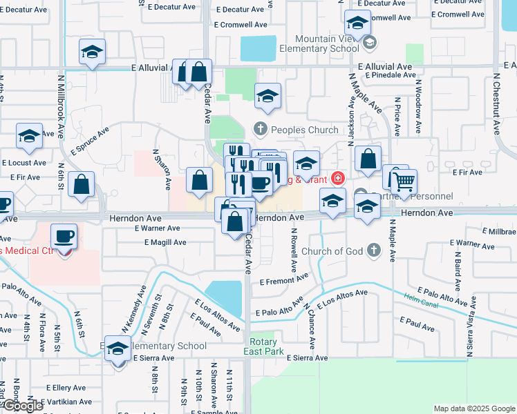 map of restaurants, bars, coffee shops, grocery stores, and more near in Fresno