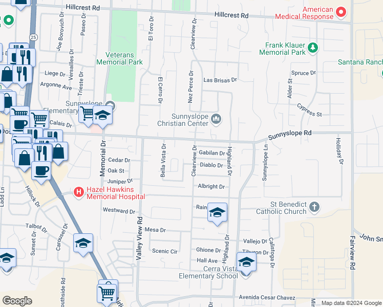 map of restaurants, bars, coffee shops, grocery stores, and more near 1391 Sunnyslope Road in Hollister