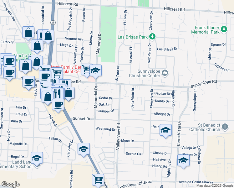 map of restaurants, bars, coffee shops, grocery stores, and more near 1510 Valley View Road in Hollister