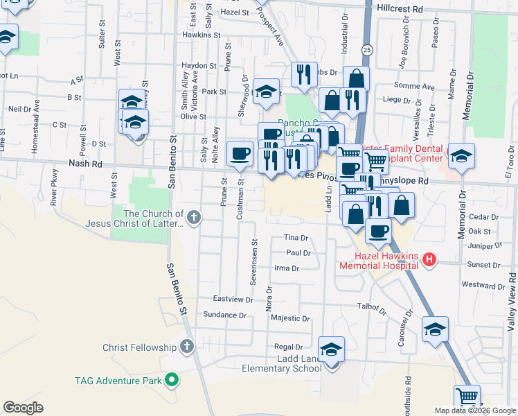 map of restaurants, bars, coffee shops, grocery stores, and more near 351 Tres Pinos Road in Hollister