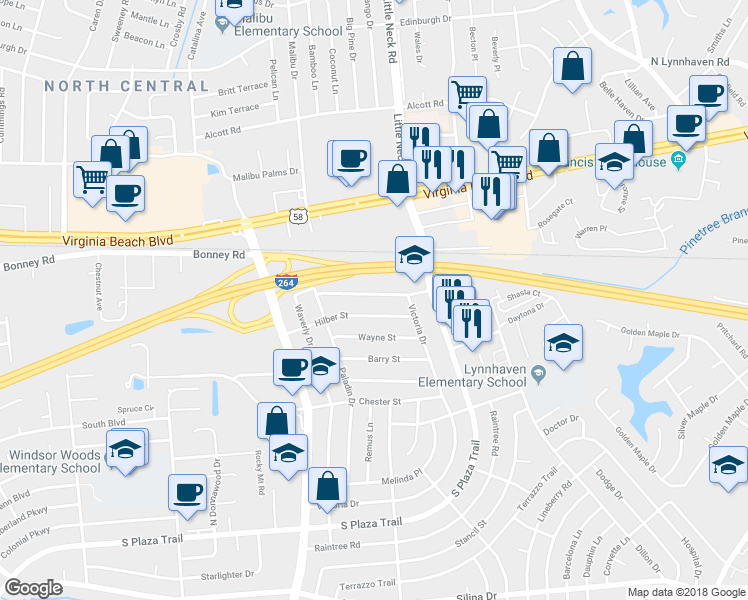 map of restaurants, bars, coffee shops, grocery stores, and more near 3512 Boyd Road in Virginia Beach