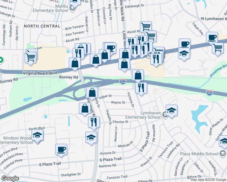 map of restaurants, bars, coffee shops, grocery stores, and more near 3536 Boyd Road in Virginia Beach