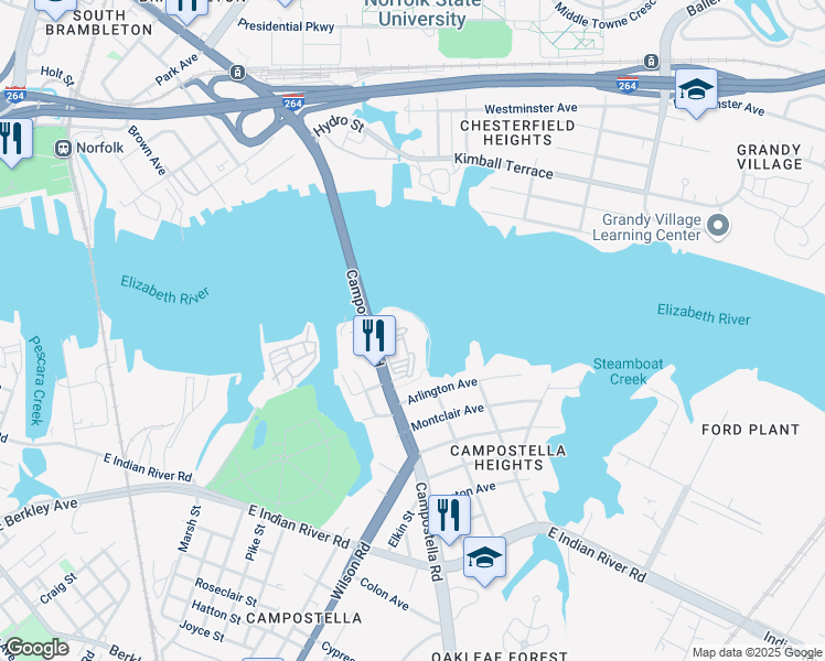 map of restaurants, bars, coffee shops, grocery stores, and more near 350 Campostella Road in Norfolk