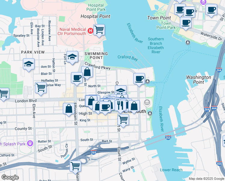 map of restaurants, bars, coffee shops, grocery stores, and more near 424 North Street in Portsmouth